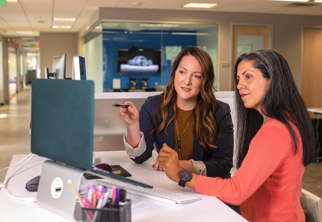 Two colleagues working through something on screen